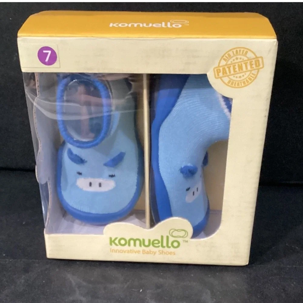 Komuello Piglet Blue Baby Shoes, Size‎ 7 18-30M, Slip Resistant, Breathable, New